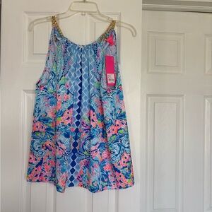 NWT Lilly Pulitzer Blue Floral Halter Camisole with Gold Chain Straps